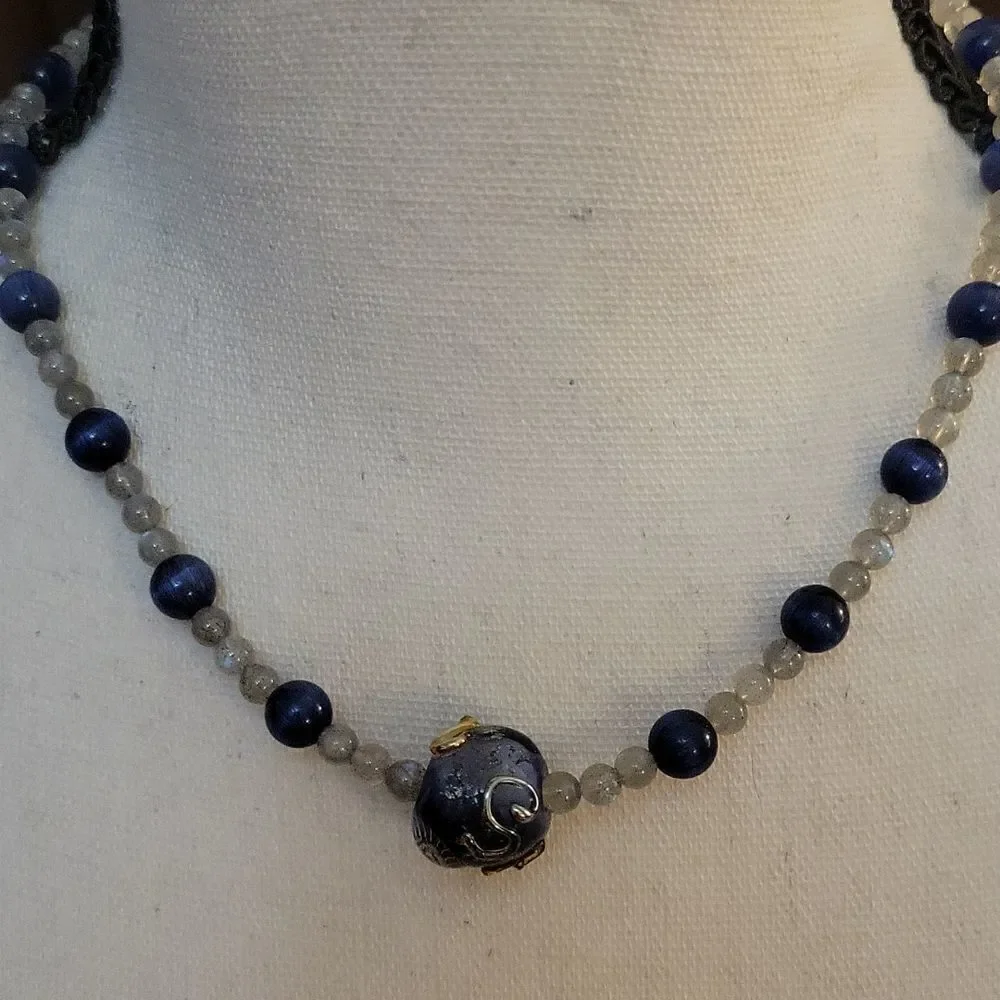 HANDMADE Labrodite Cat's Eye Lampwork Focal Beaded Princess Necklace